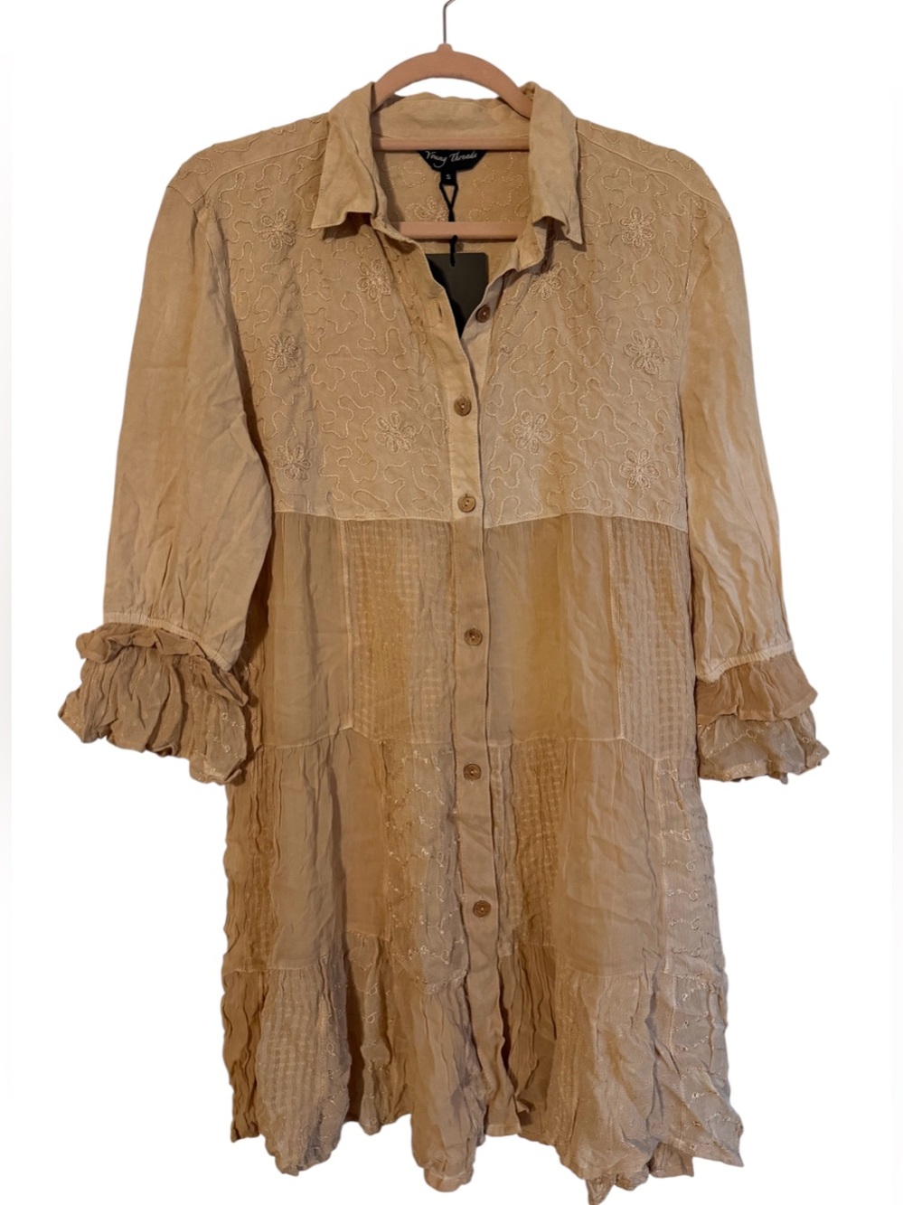 NWT Young Threads Boho Embroidered Button-Front Tunic Dress Size Small